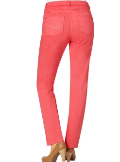 Jeans| 5-Pocket-Jeans mit bestickten Gesäßtaschen korallenrot