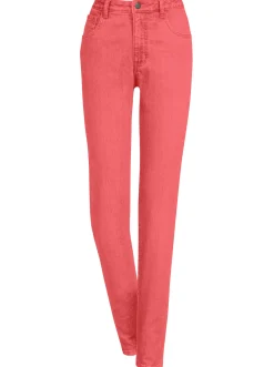 Jeans| 5-Pocket-Jeans mit bestickten Gesäßtaschen korallenrot