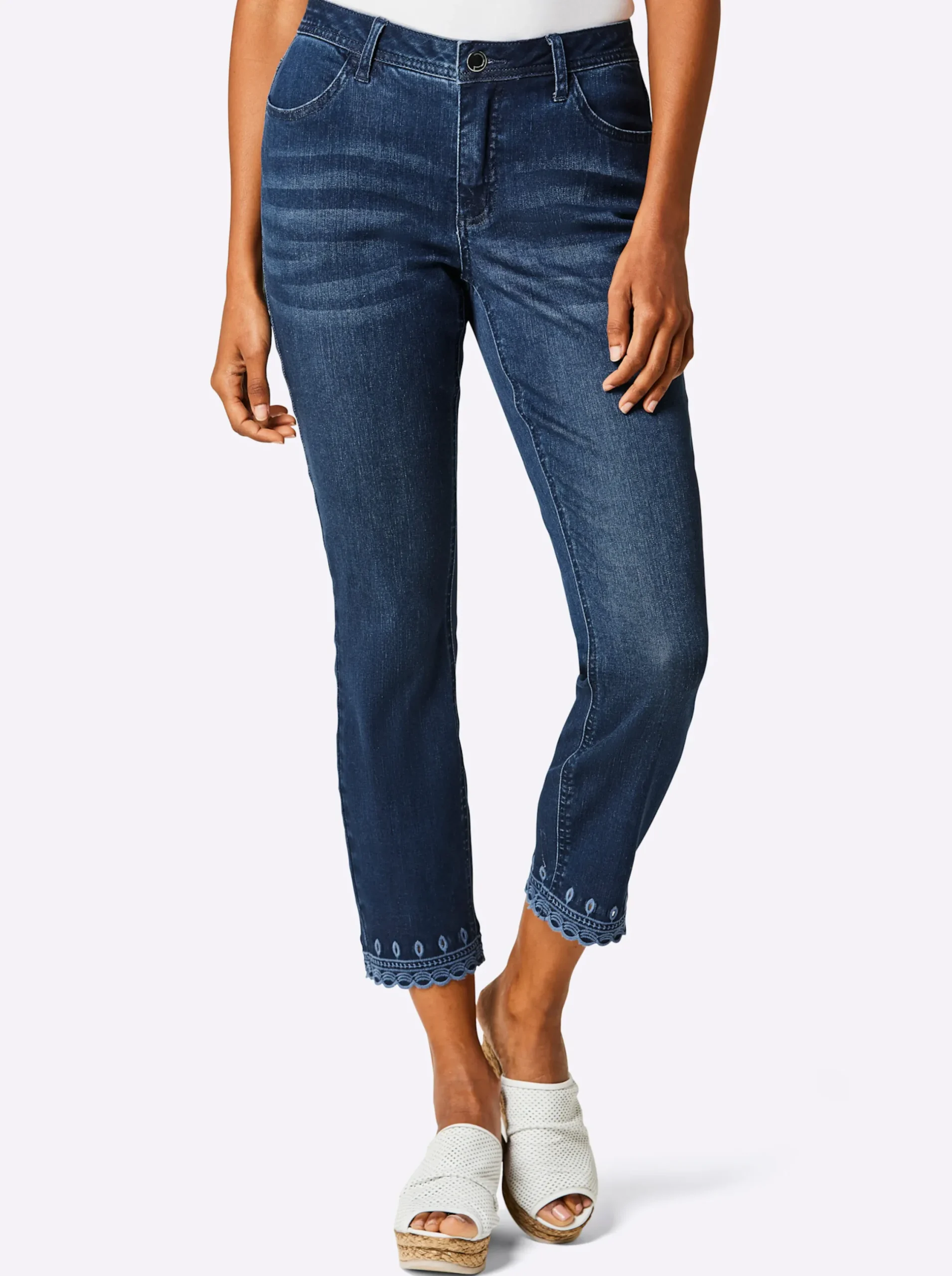 Jeans|CREATION L PREMIUM 5-Pocket-Jeans mit Lochstickerei blue-bleached