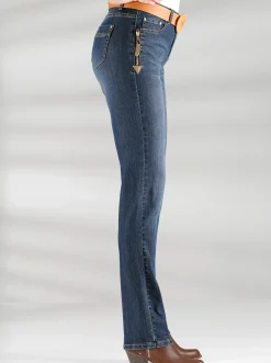 Jeans| 5-Pocket-Jeans mit Reißverschluss und Lederimitat-Anhänger blue-stone-washed