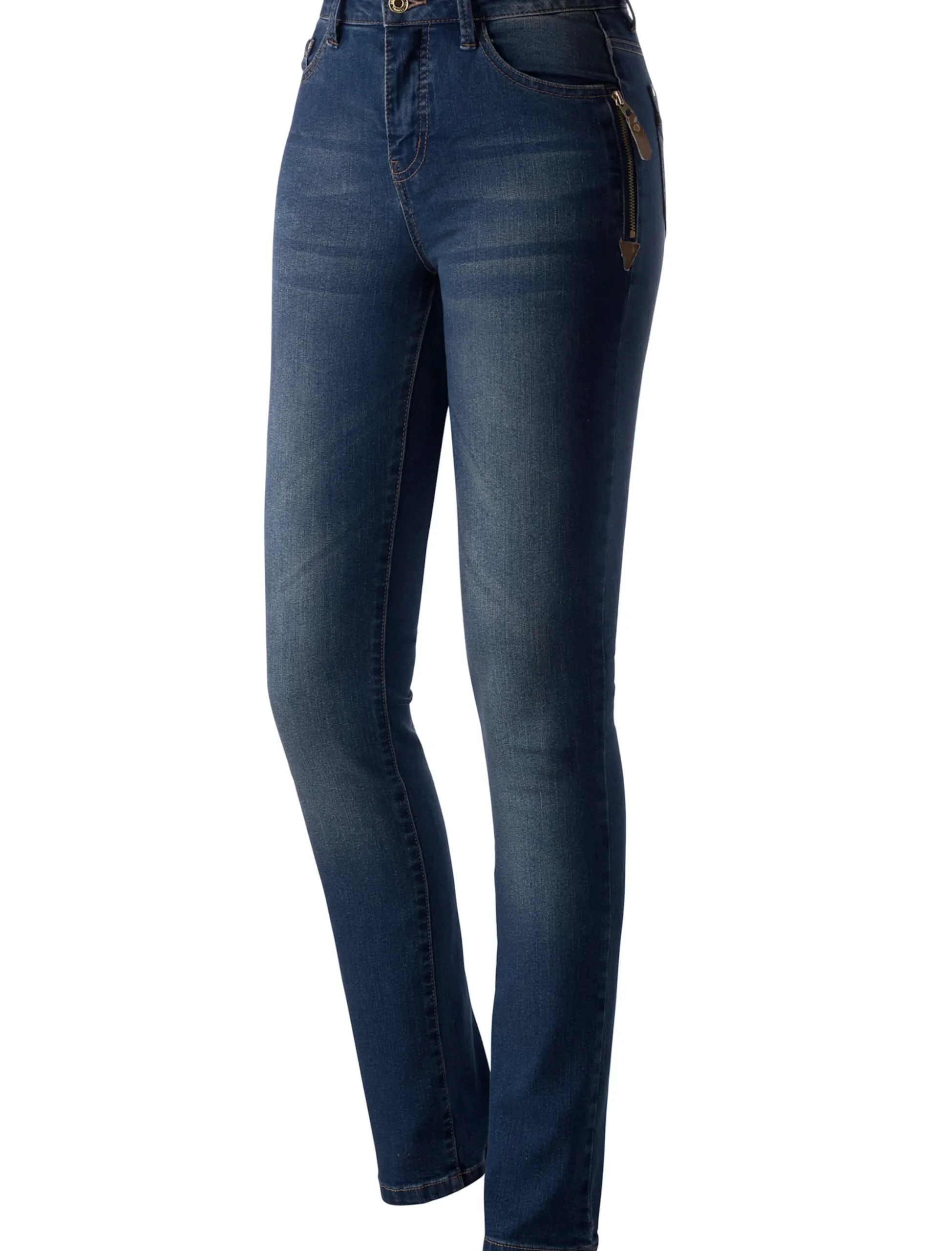 Jeans| 5-Pocket-Jeans mit Reißverschluss und Lederimitat-Anhänger blue-stone-washed