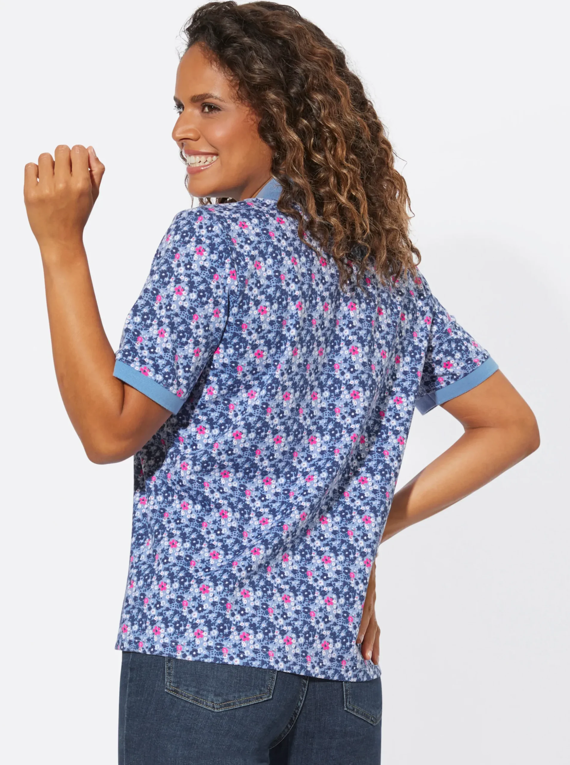 Shirts| Poloshirt mit Knopfleiste bleu-fuchsia-bedruckt