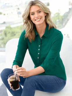 Shirts| Poloshirt mit langer Knopfleiste tannengrün