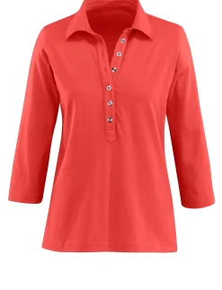 Shirts| Poloshirt mit langer Knopfleiste korallenrot