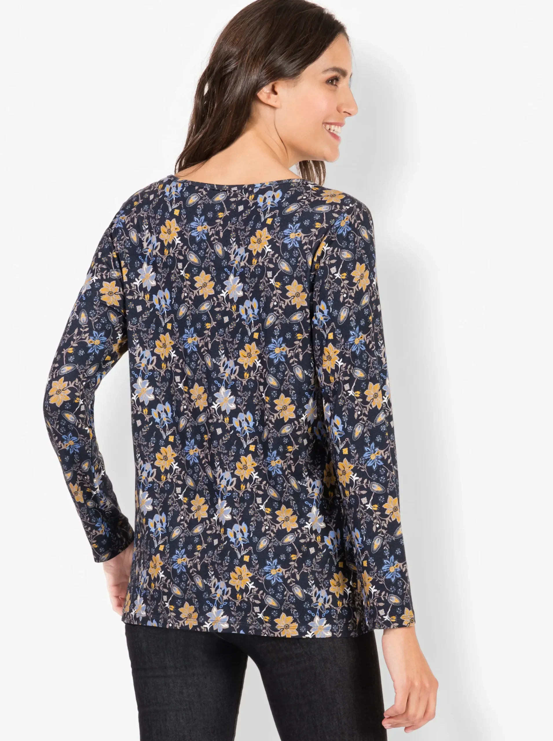 Shirts| Print-Shirt aus Viskose-Stretch marine-ocker-bedruckt