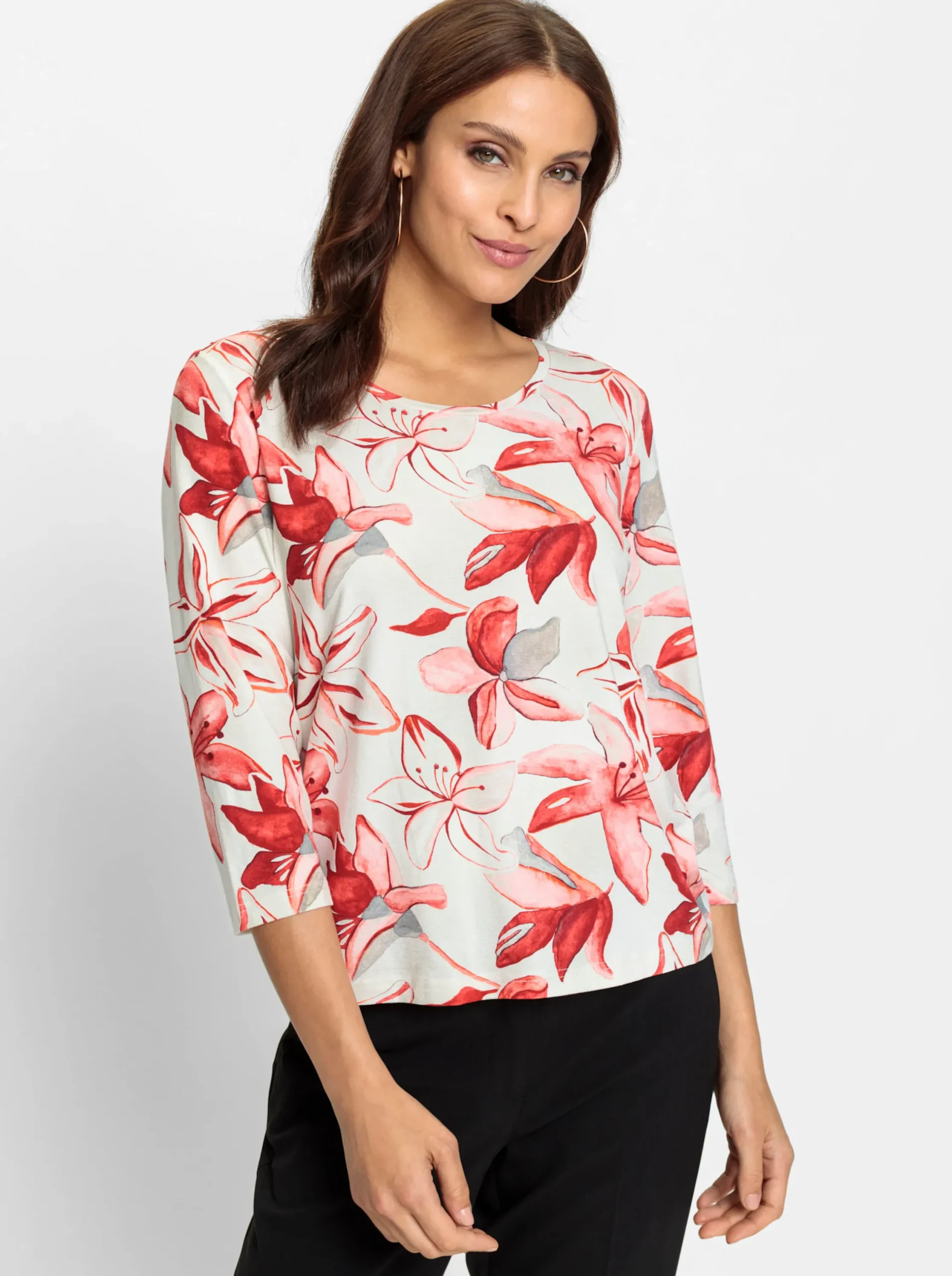 Shirts| Print-Shirt mit Blüten-Druck ecru-rot-bedruckt