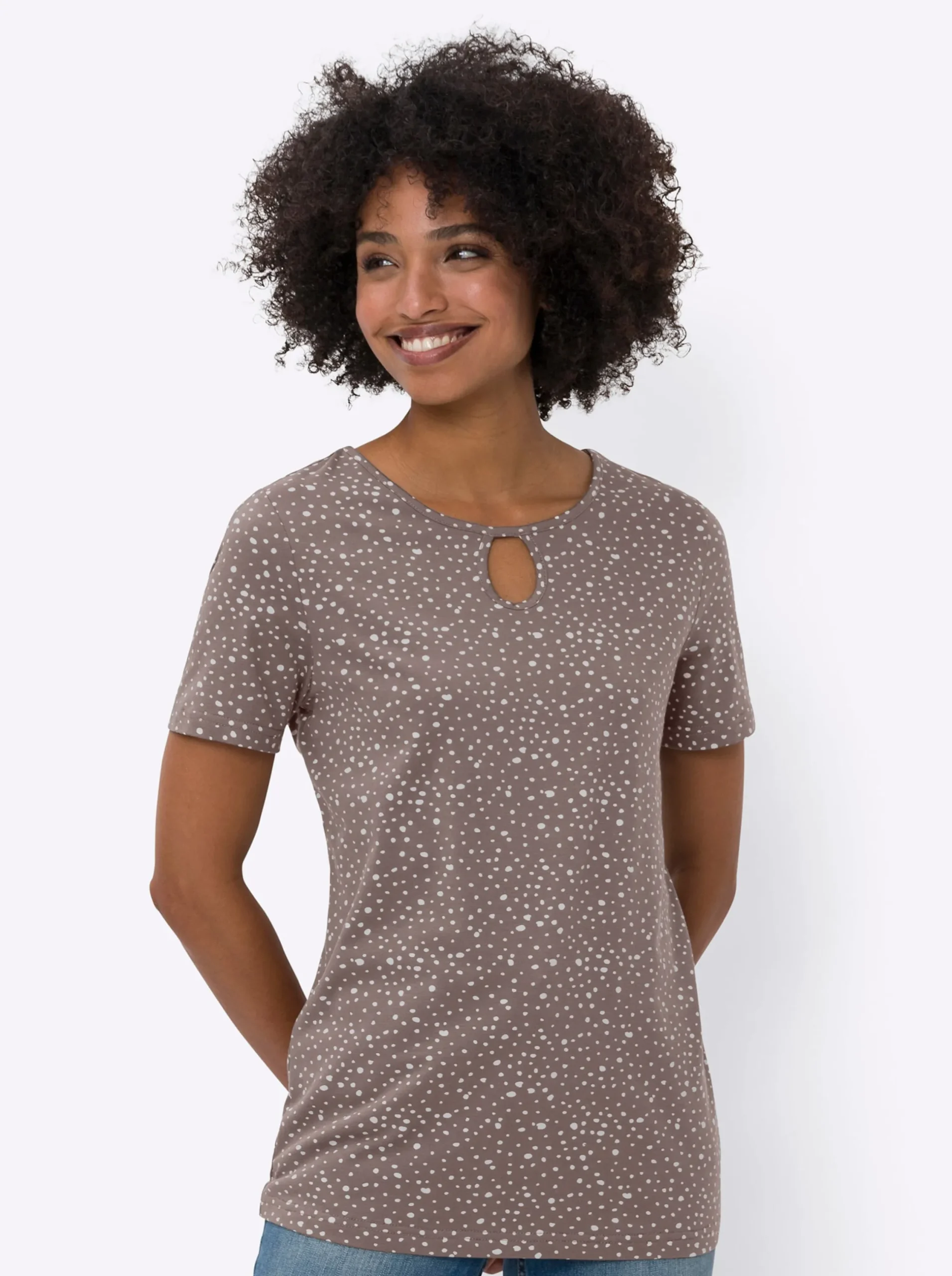 Shirts|heine Print-Shirt mit Cut-out-Effekten dunkeltaupe-ecru-bedruckt