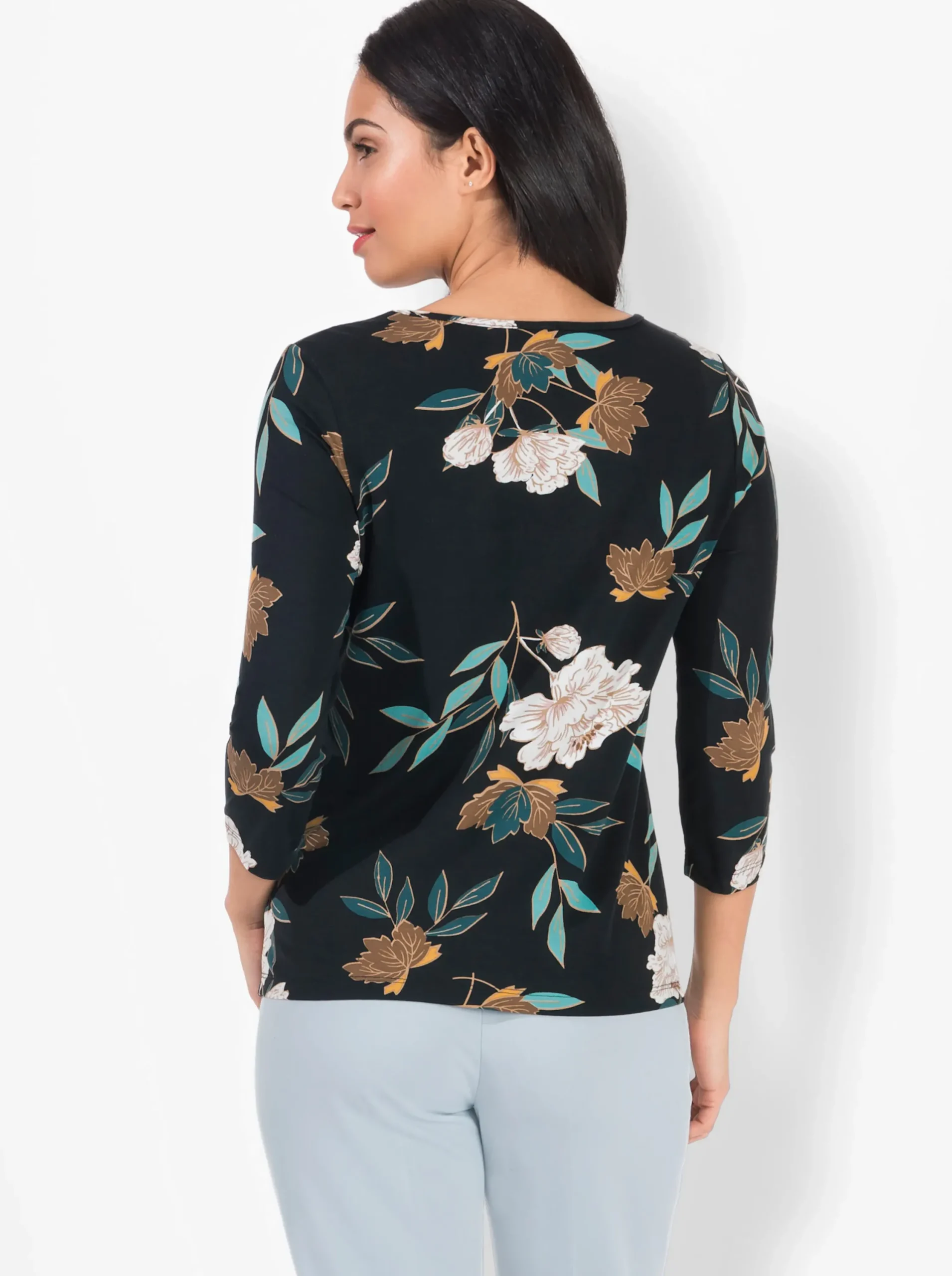 Shirts| Print-Shirt mit floralem Muster petrol-ocker-bedruckt