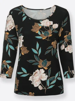 Shirts| Print-Shirt mit floralem Muster petrol-ocker-bedruckt