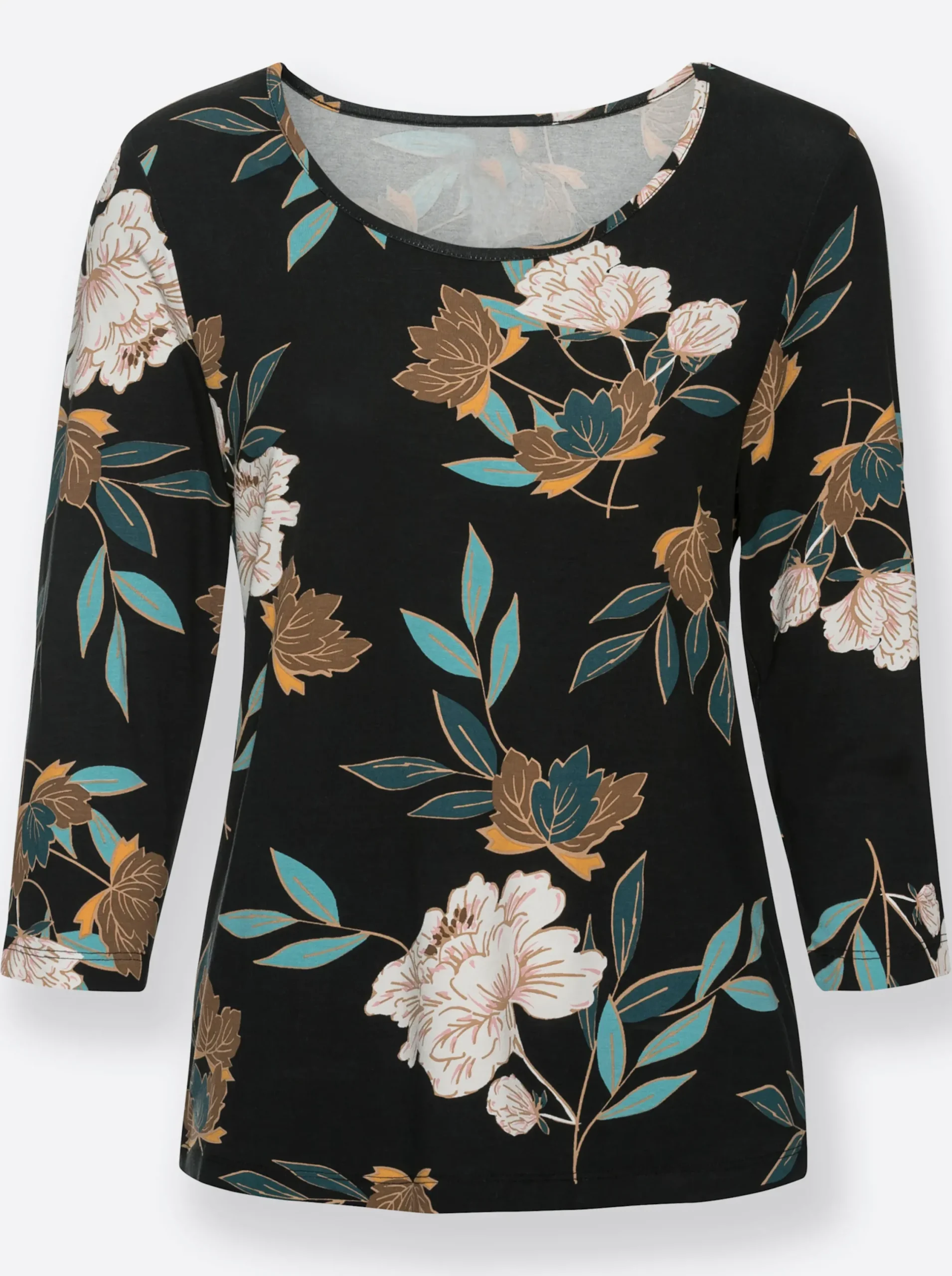 Shirts| Print-Shirt mit floralem Muster petrol-ocker-bedruckt