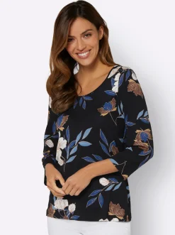 Shirts| Print-Shirt mit floralem Muster royalblau-ocker-bedruckt