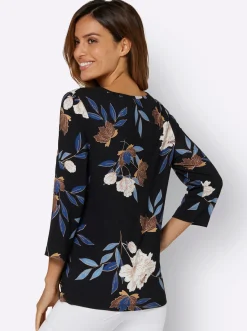 Shirts| Print-Shirt mit floralem Muster royalblau-ocker-bedruckt