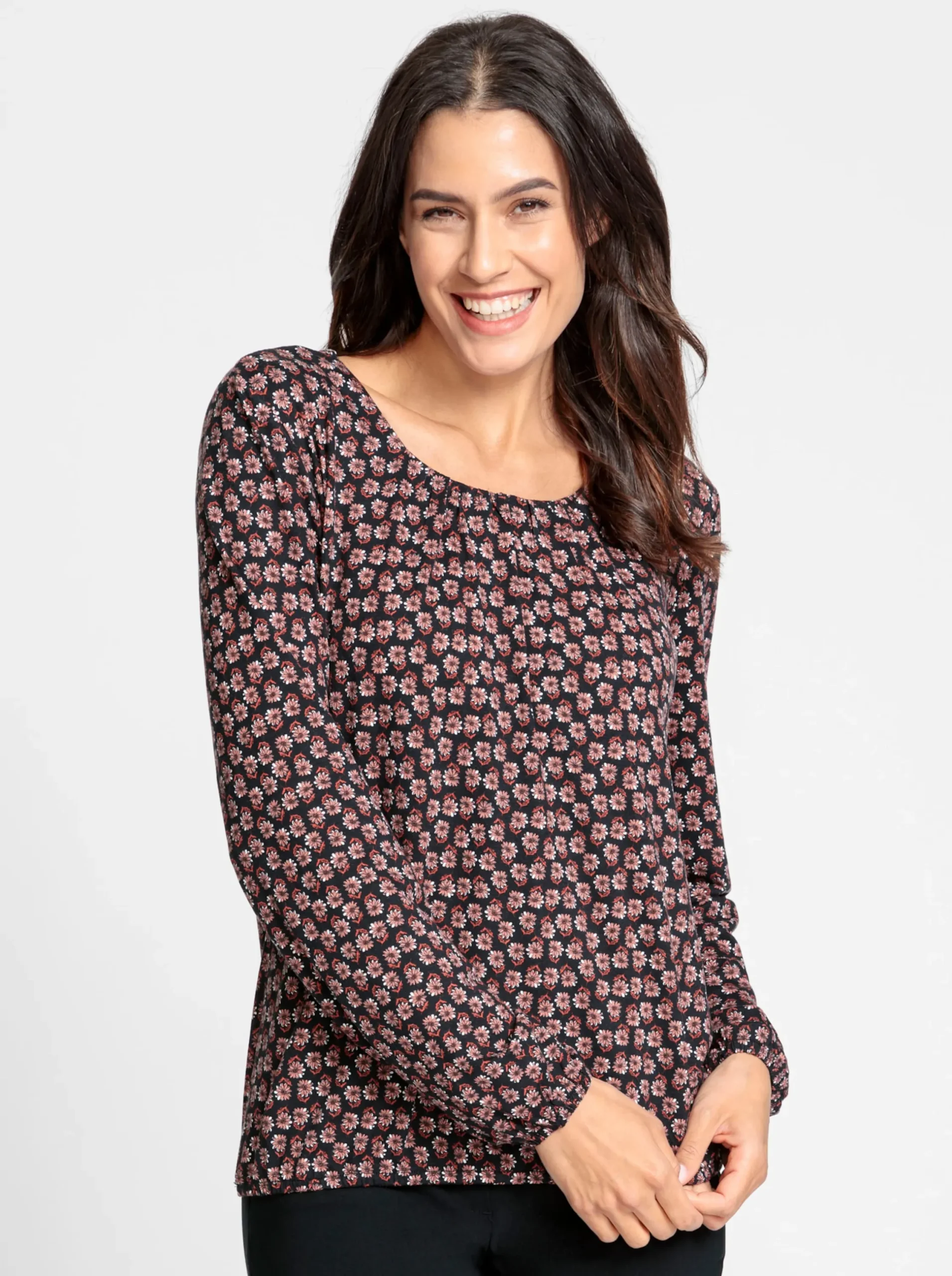 Shirts| Print-Shirt mit Gummizug an Ärmeln und Saum schwarz-rostrot-bedruckt