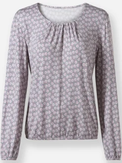 Shirts| Print-Shirt mit Gummizug an Ärmeln und Saum grau-mauve-bedruckt