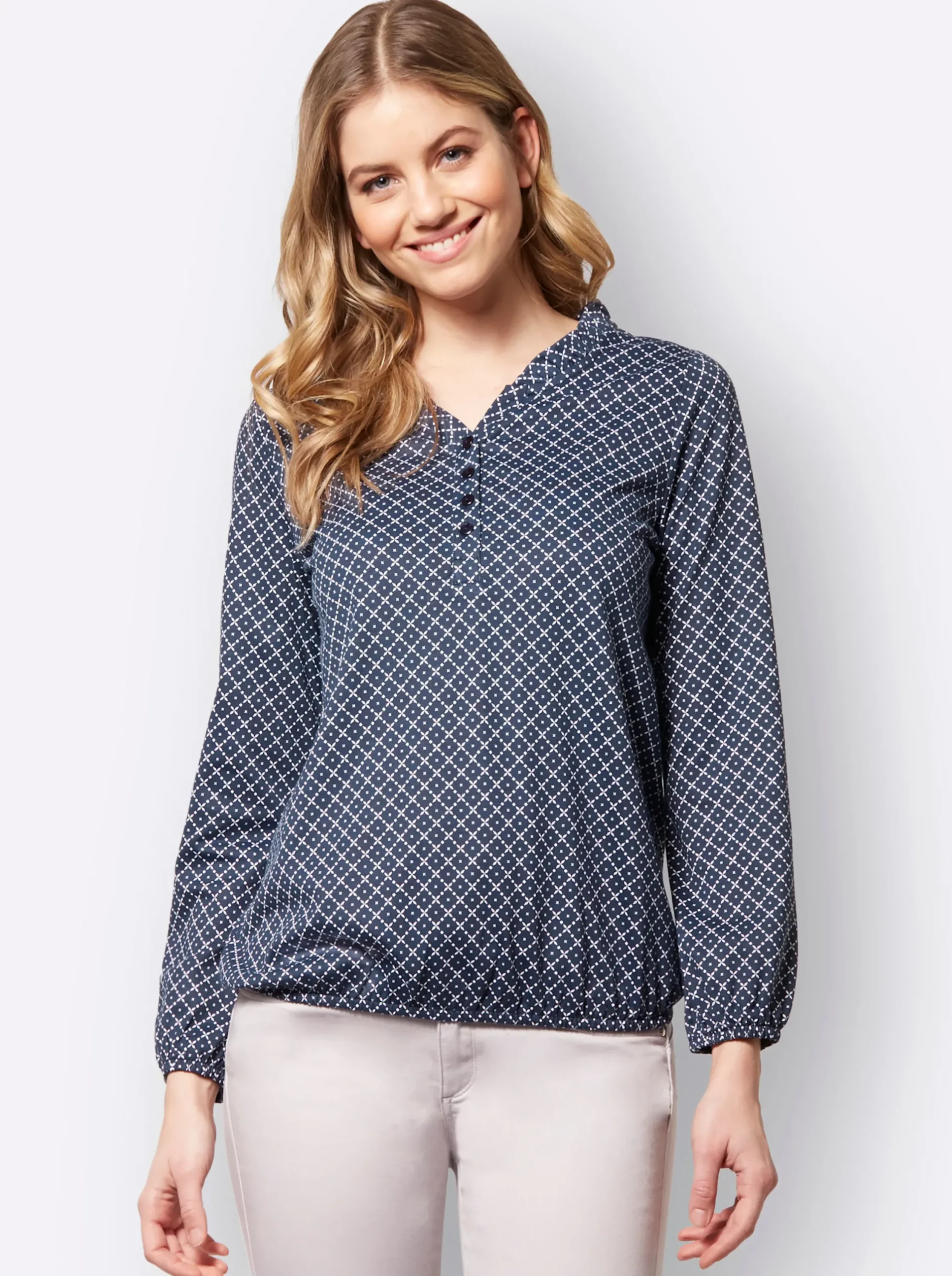 Shirts| Print-Shirt mit kurzer Knopfleiste marine-weiß