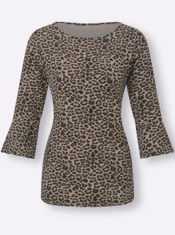 Shirts| Print-Shirt mit Volants an den Ärmeln schwarz-beige-bedruckt