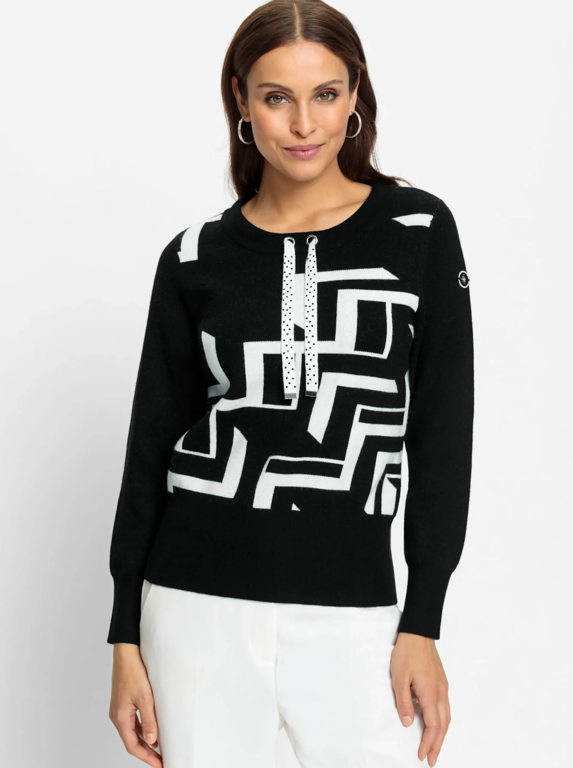 Pullover| Pullover mit Grafik-Jacquard-Muster schwarz-weiß-gemustert