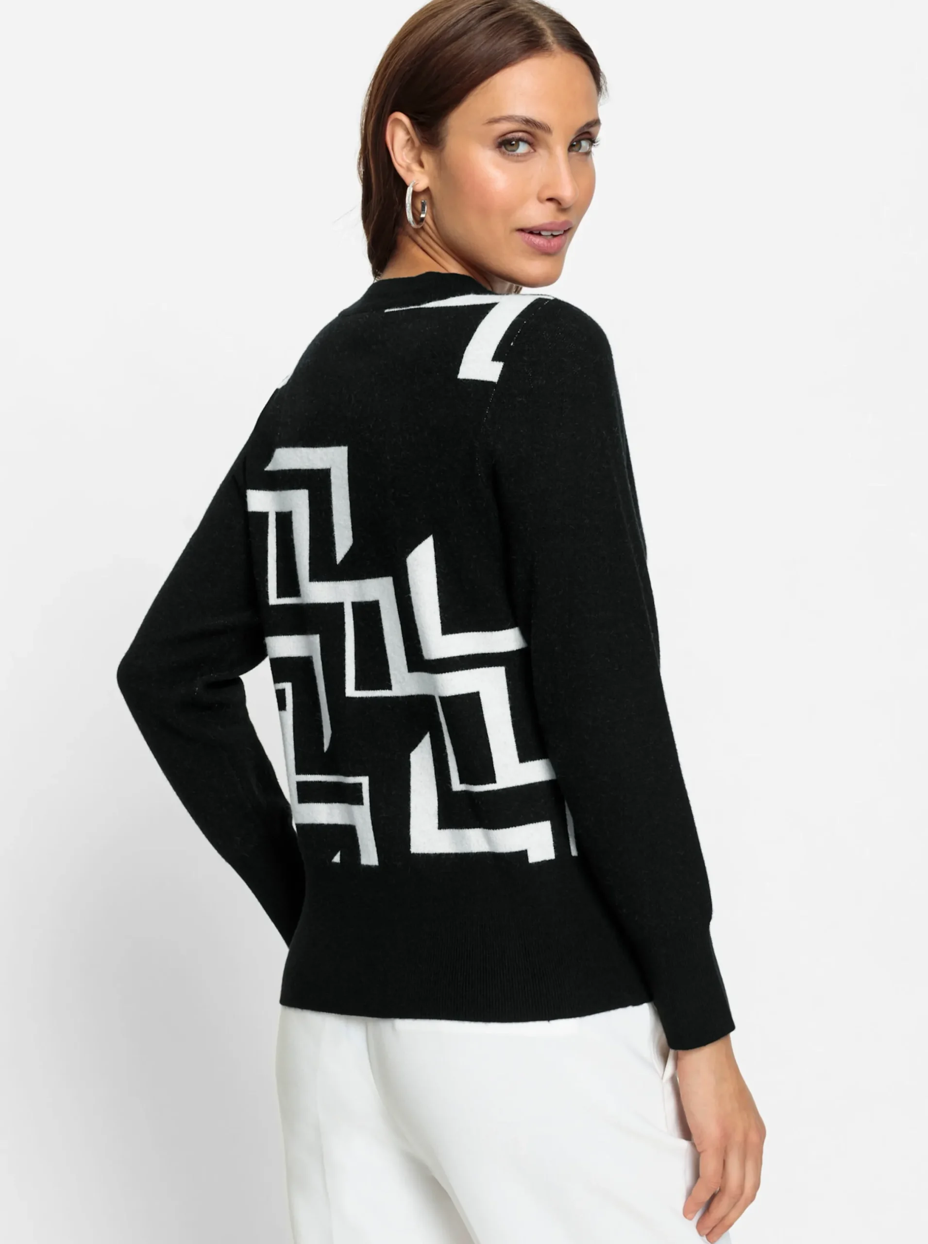 Pullover| Pullover mit Grafik-Jacquard-Muster schwarz-weiß-gemustert