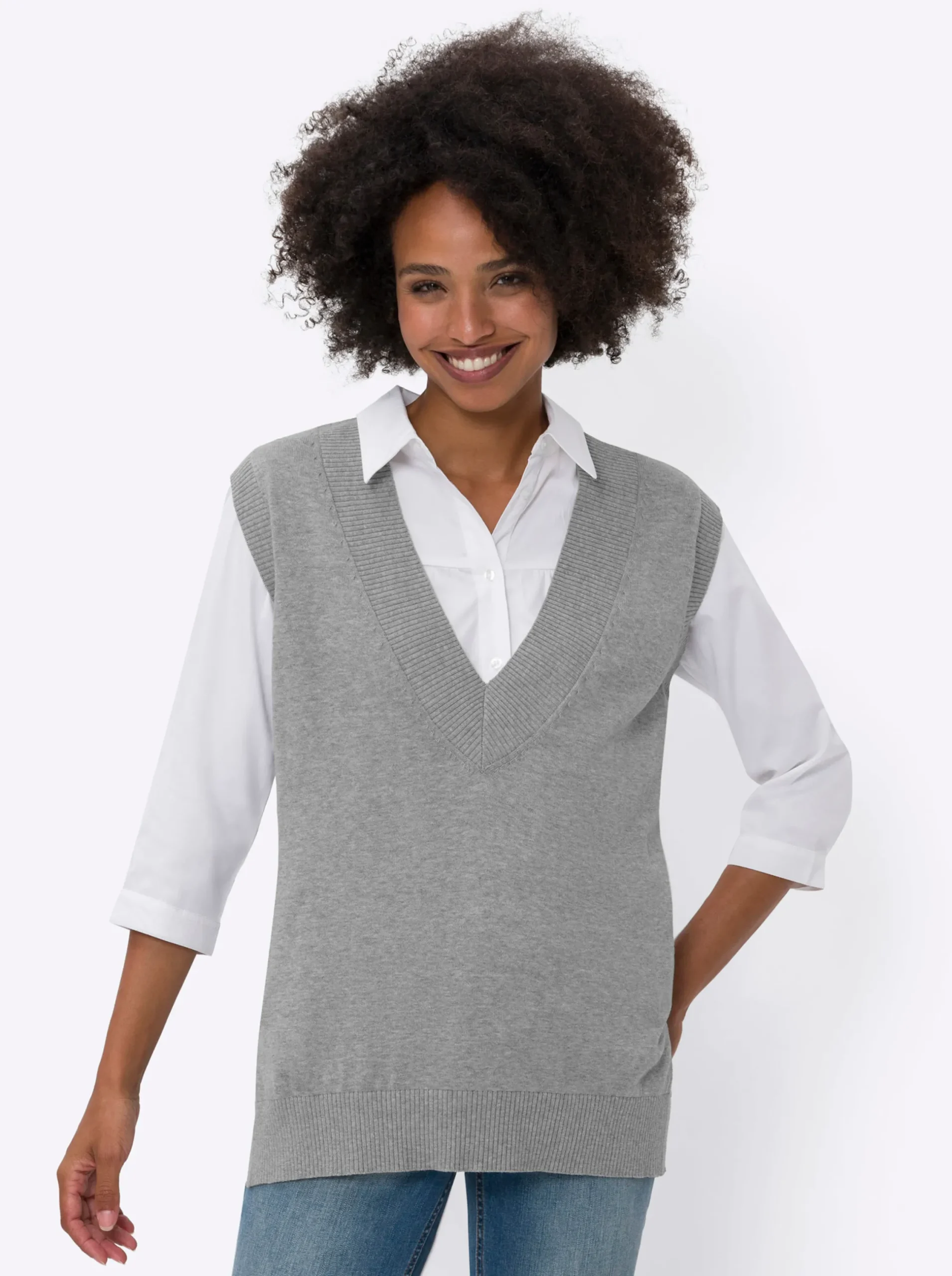 Pullover|heine Pullunder mit tiefem V-Ausschnitt grau-meliert