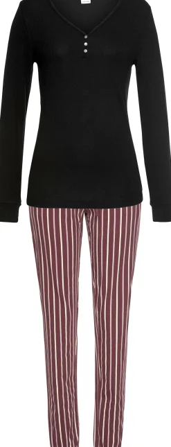 Nachtwäsche|LASCANA Pyjama bordeaux-schwarz-gestreift