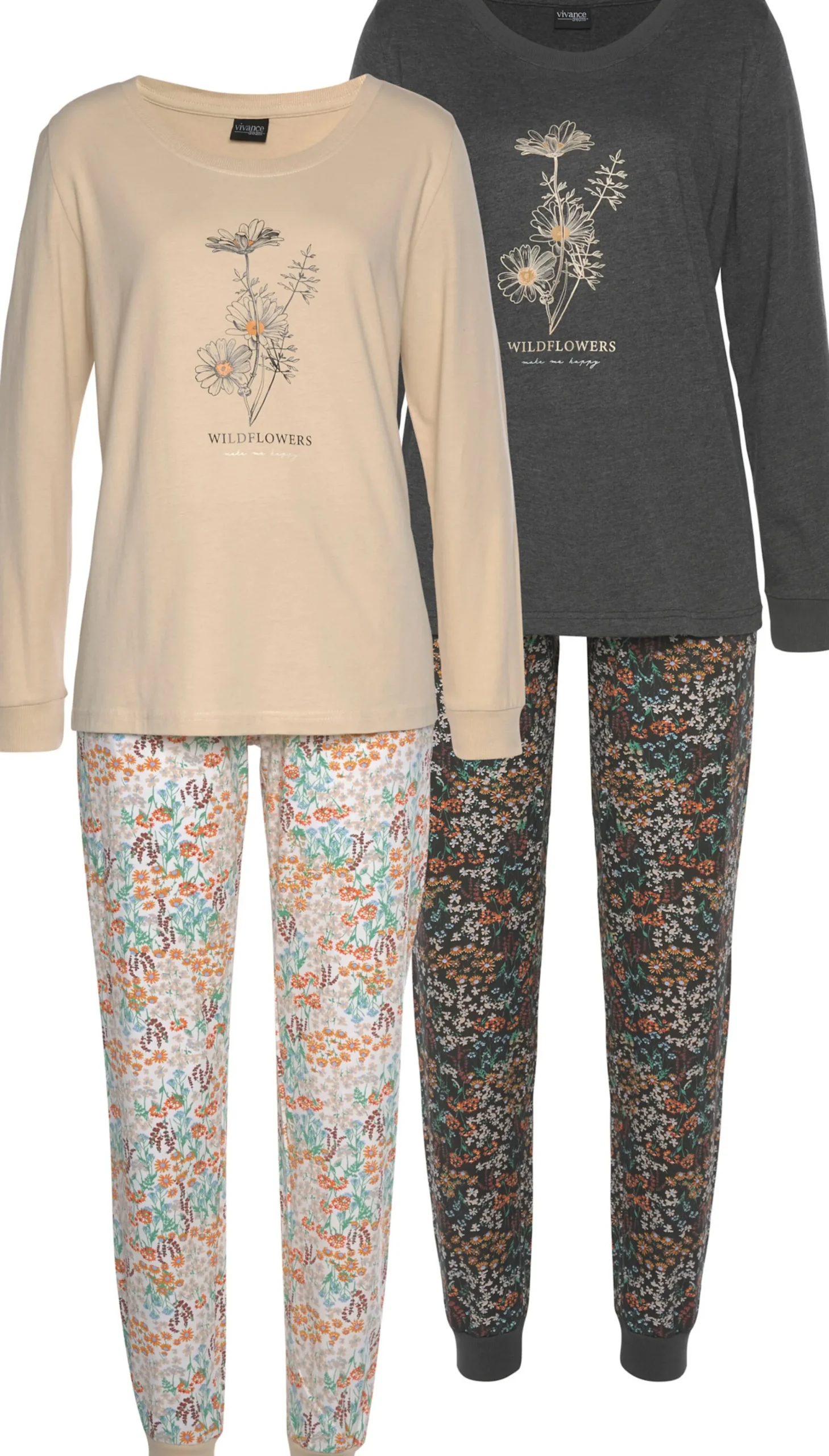 Nachtwäsche|Vivance Dreams Pyjama sand-geblümt,dunkelgrau-geblümt