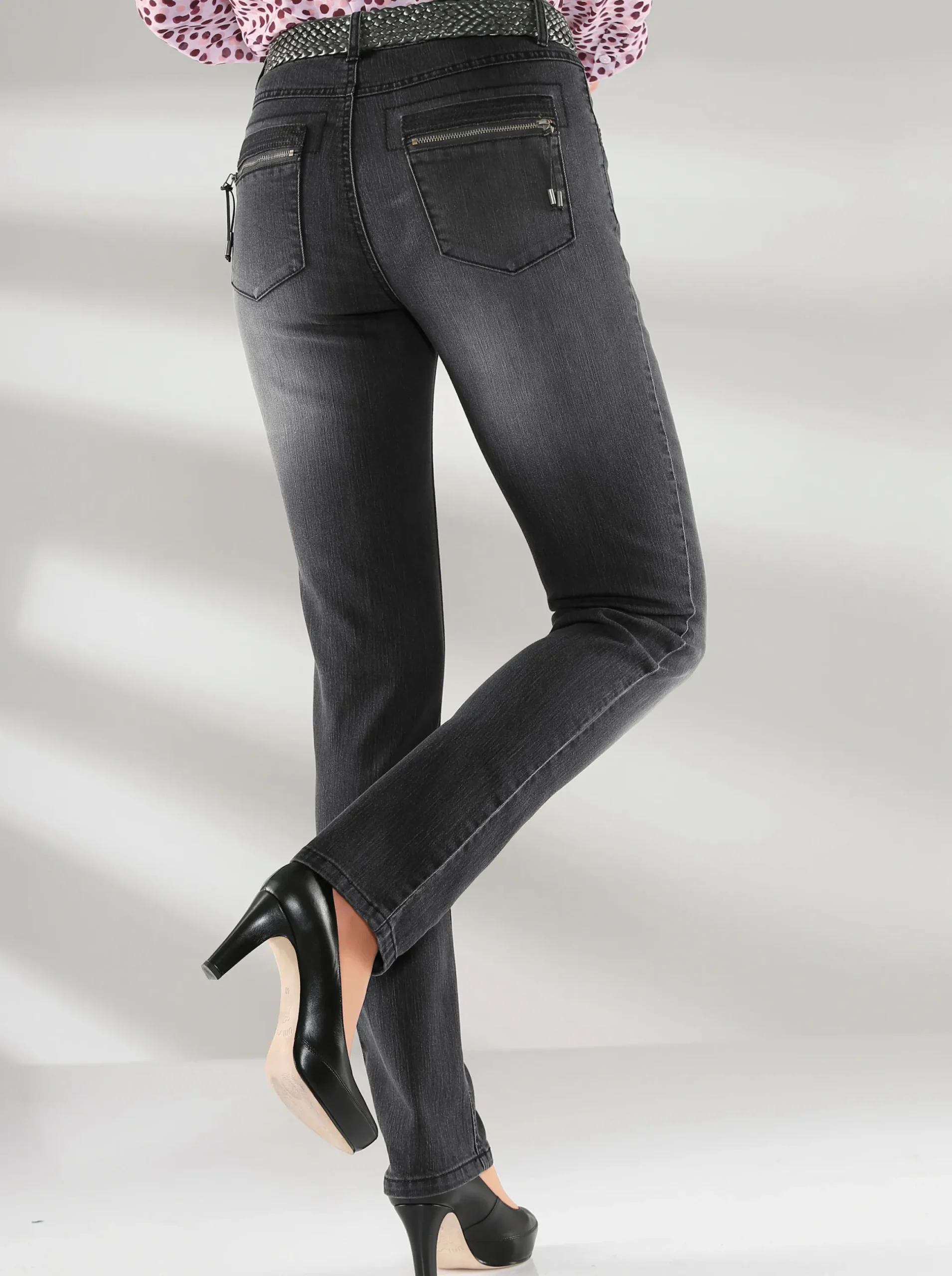 Jeans| Röhrenjeans mit Zipper an Gesäßtaschen anthrazit-denim