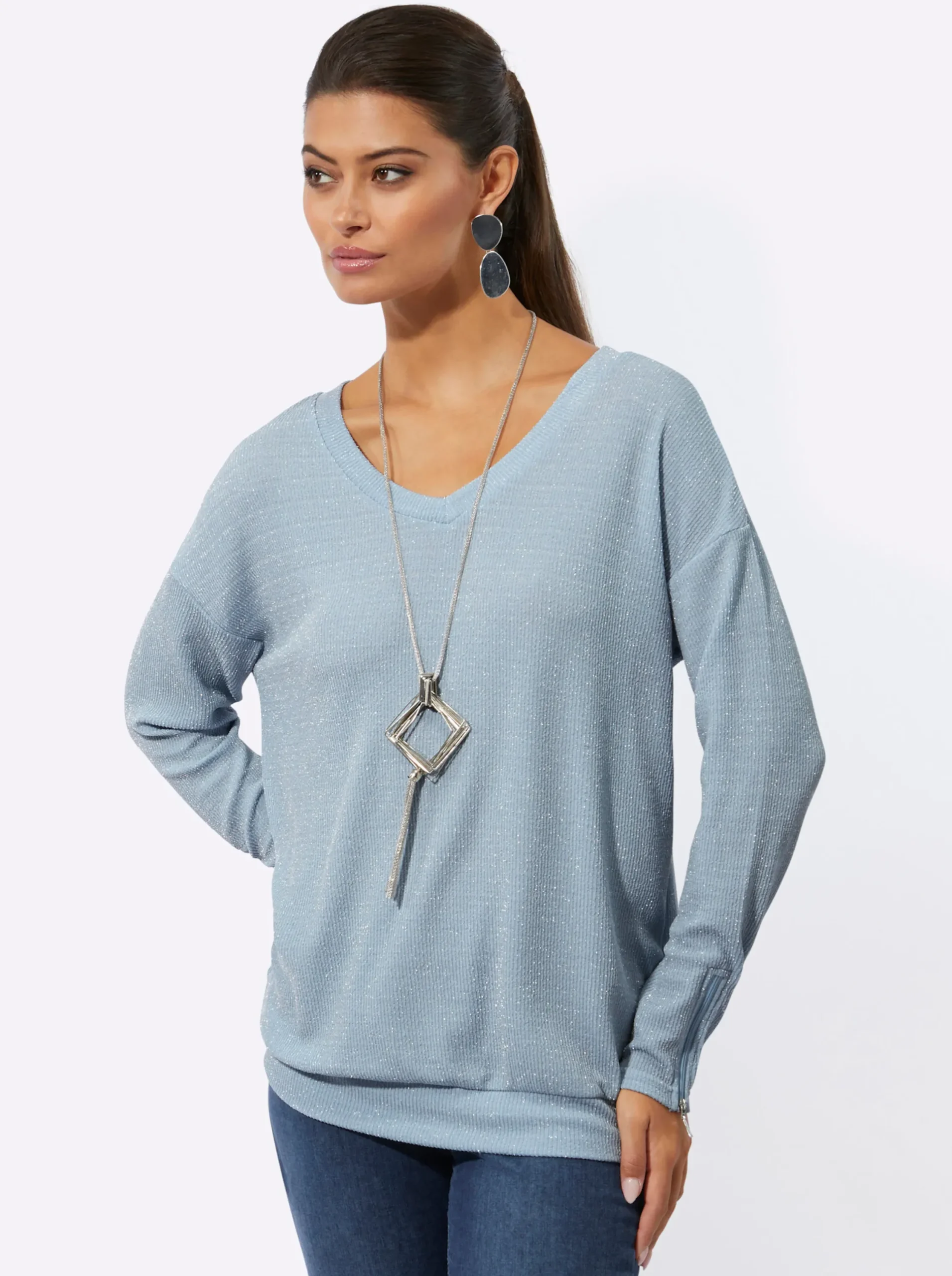 Shirts| Rippshirt in Metallic-Optik hellblau-silberfarben