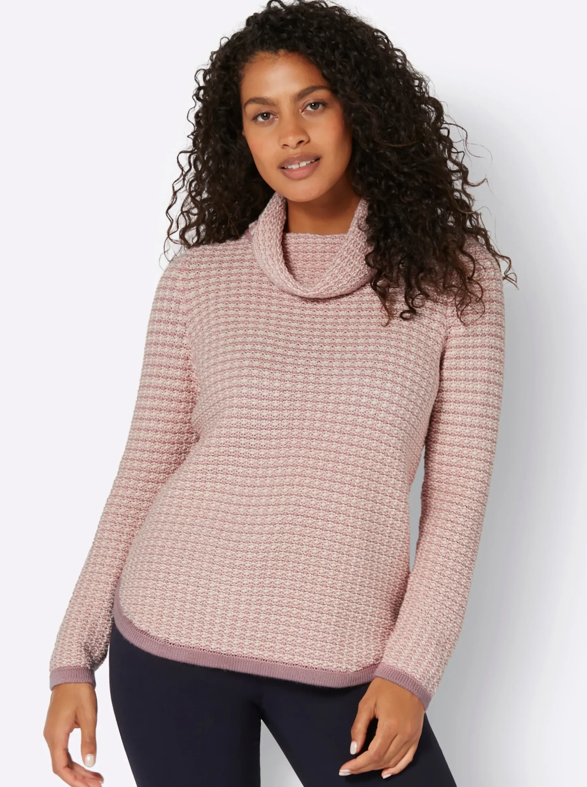 Pullover| Rollkragenpullover mit abgerundetem Saum hortensie-ecru-gemustert