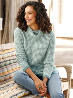 Pullover| Rollkragenpullover mit abgerundetem Saum jade-ecru-gemustert