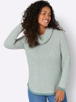 Pullover| Rollkragenpullover mit abgerundetem Saum jade-ecru-gemustert