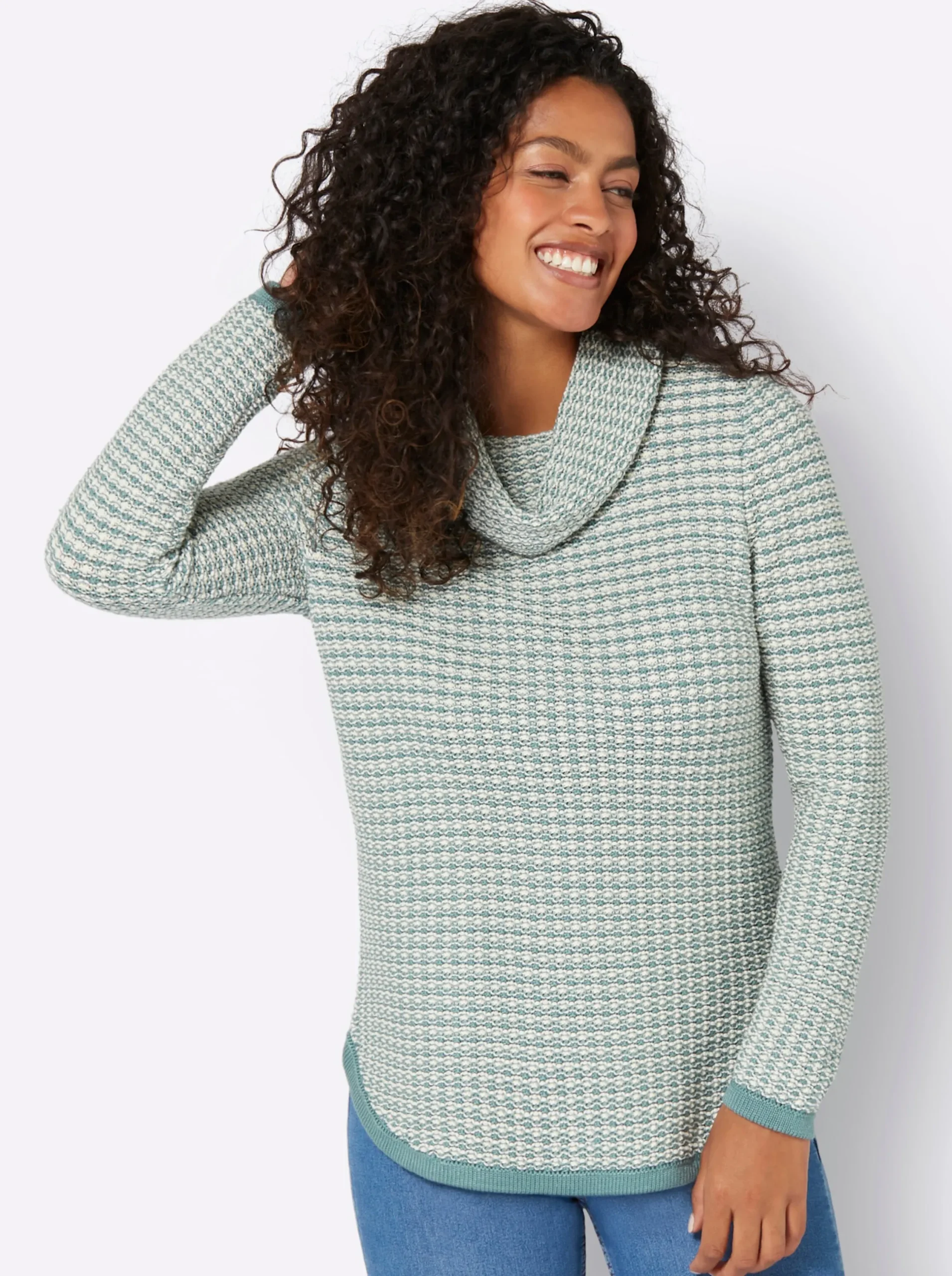 Pullover| Rollkragenpullover mit abgerundetem Saum jade-ecru-gemustert