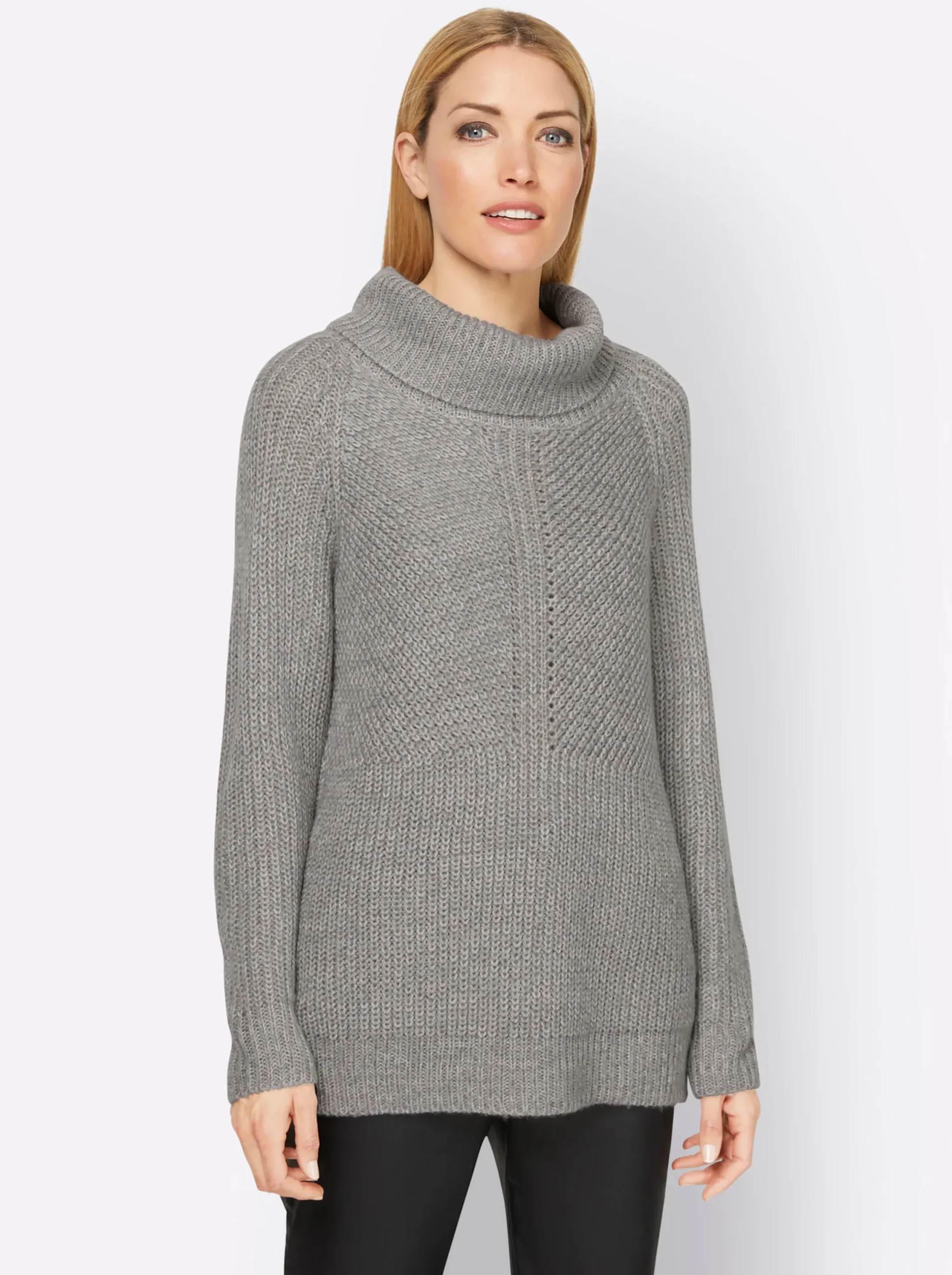 Pullover|heine Rollkragenpullover mit aufwendigem Strickmuster grau-meliert