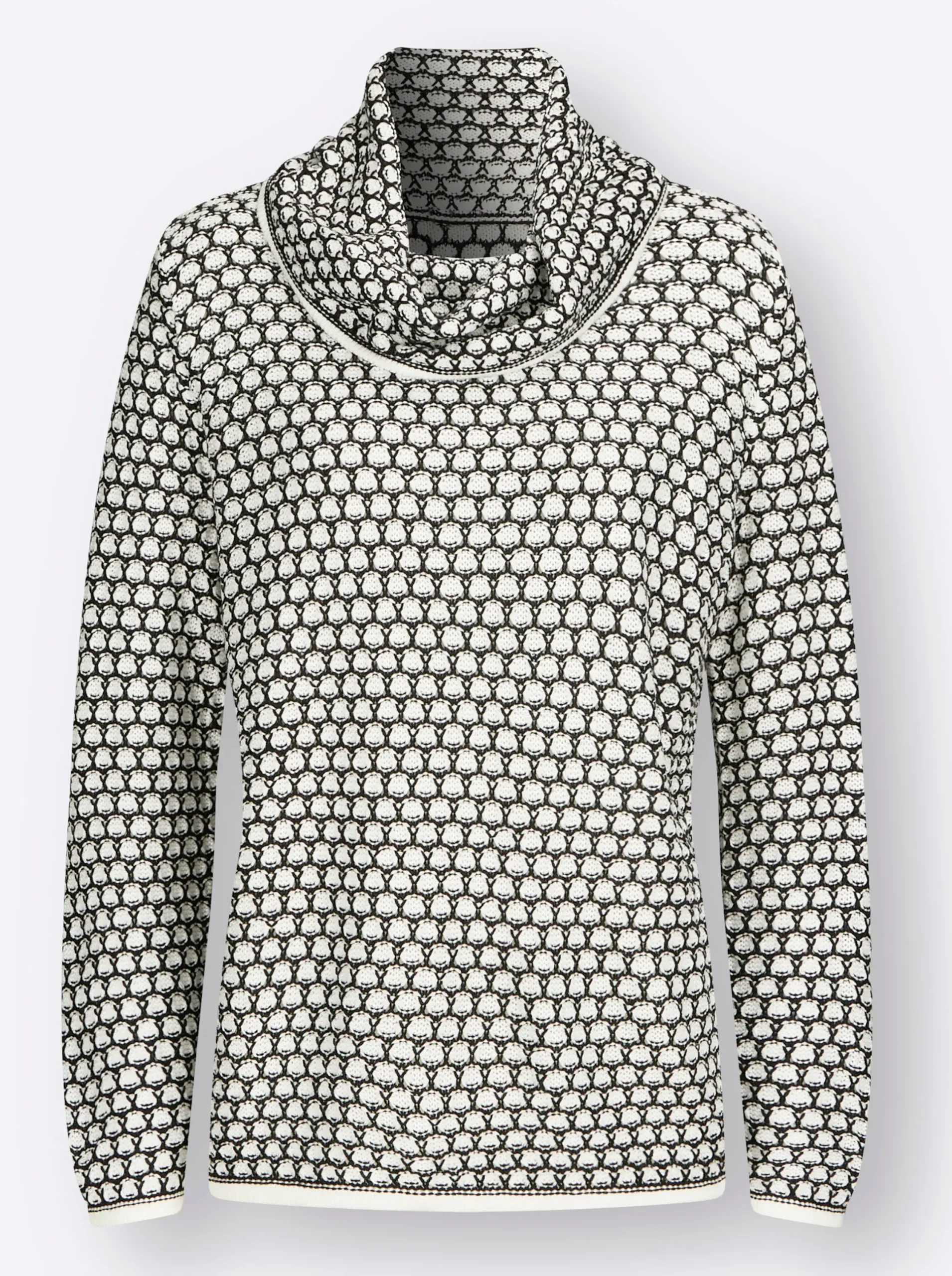 Pullover| Rollkragenpullover mit 2-farbigem Strickmuster schwarz-ecru-gemustert