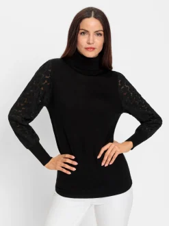 Pullover|heine Rollkragenpullover mit Spitzen-Ärmeln schwarz