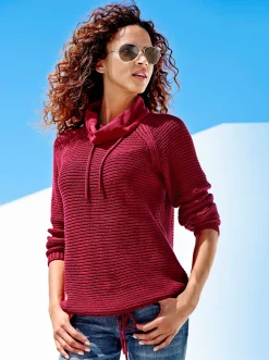 Pullover| Rollkragenpullover mit Tunnelzug und Bindeband himbeerrot