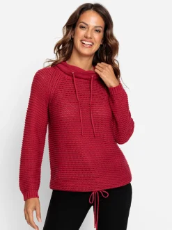 Pullover| Rollkragenpullover mit Tunnelzug und Bindeband himbeerrot