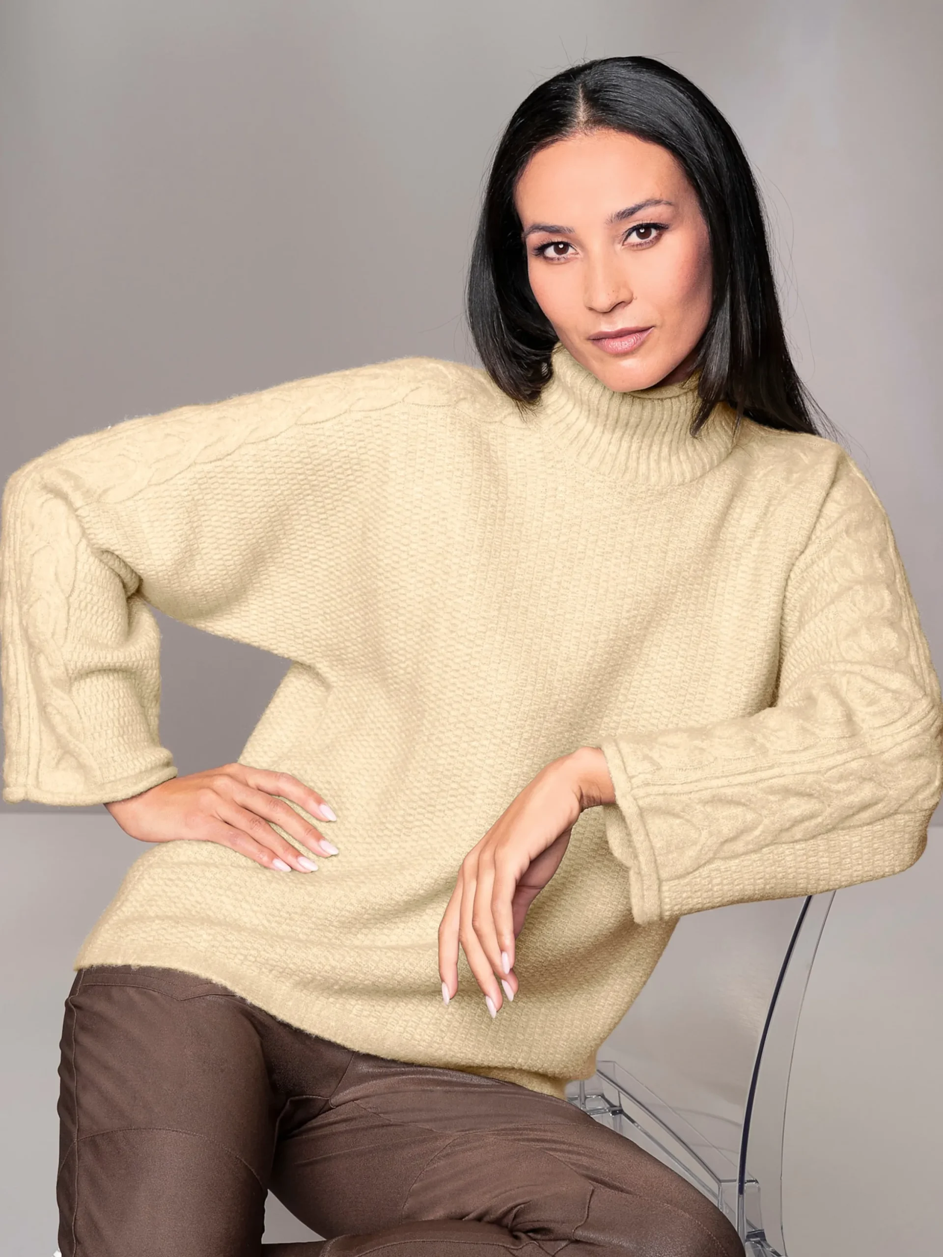Pullover|heine Rollkragenpullover mit Zopfmuster und Rollkanten an den Ärmeln sand-meliert