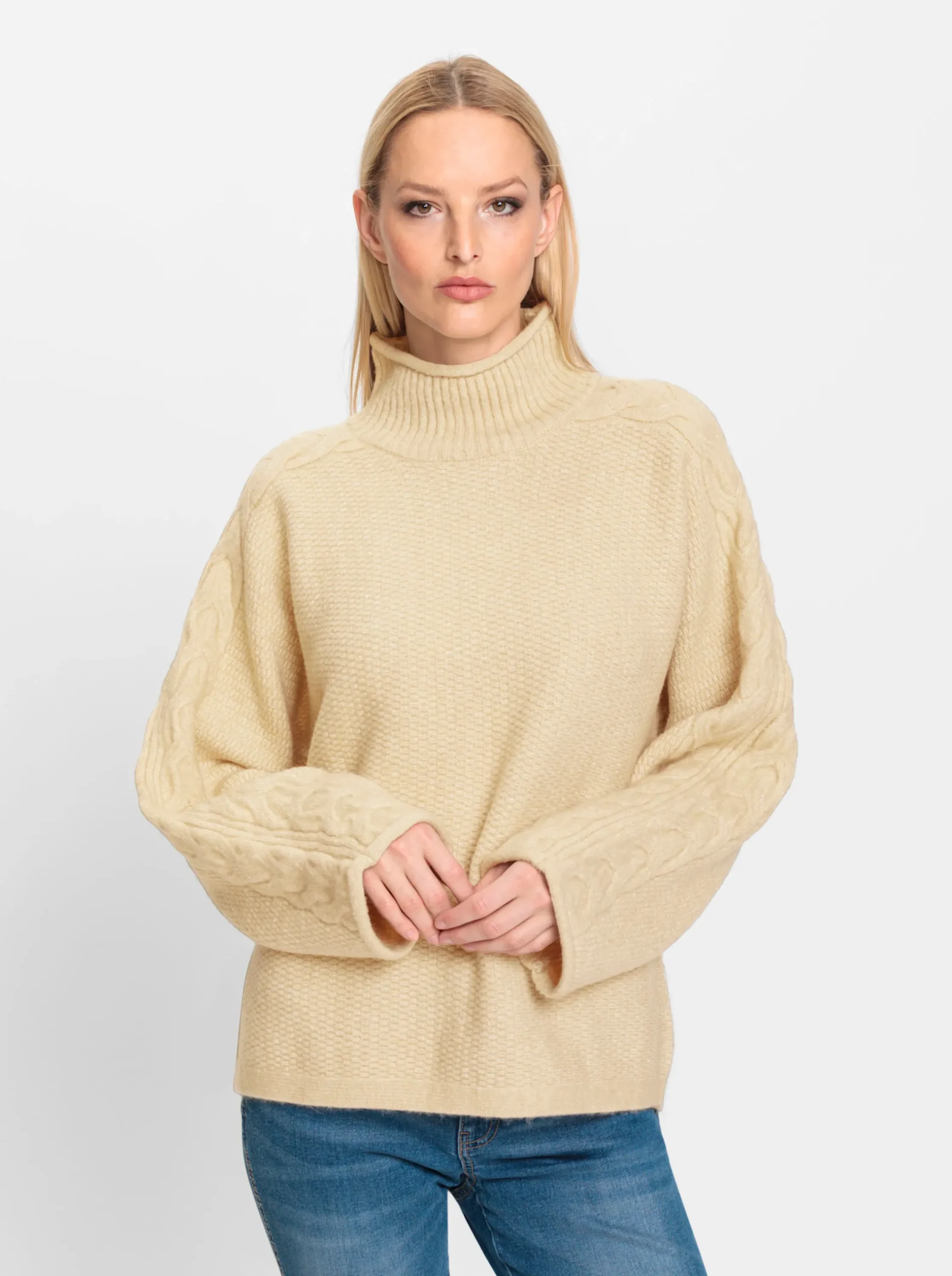 Pullover|heine Rollkragenpullover mit Zopfmuster und Rollkanten an den Ärmeln sand-meliert