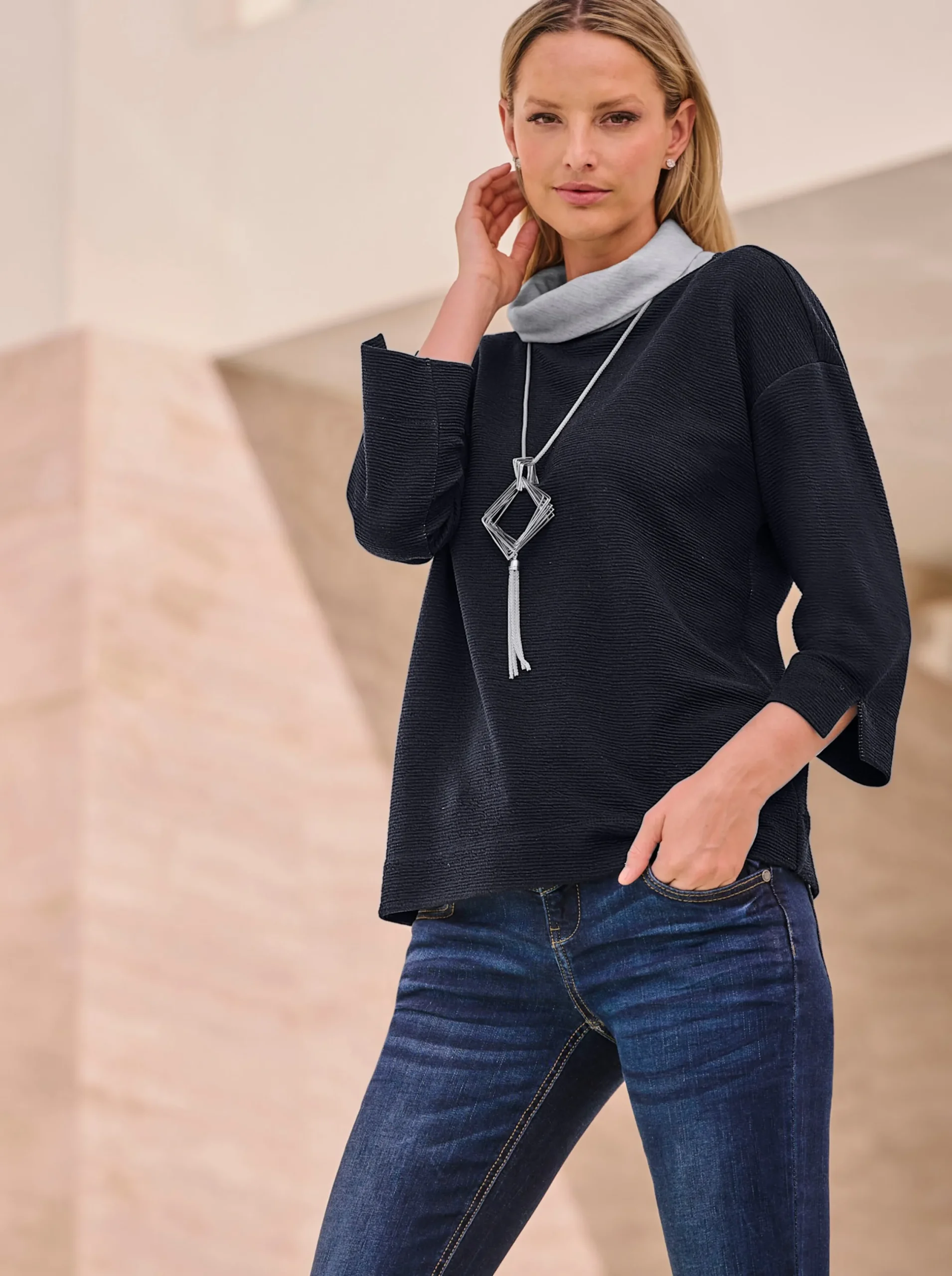 Pullover|heine Rollkragenshirt mit kontrastfarbener Innenseite marine