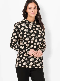 Shirts| Rollkragenshirt mit Punkte-Druckdessin schwarz-caramel-bedruckt