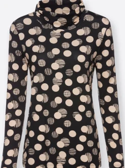 Shirts| Rollkragenshirt mit Punkte-Druckdessin schwarz-caramel-bedruckt