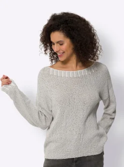 Pullover|heine Rundhalspullover hellgrau-weiß