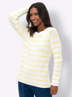 Pullover|heine Rundhalspullover zitrone-weiß-geringelt