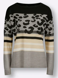 Pullover| Rundhalspullover im Animal-Print, weich schwarz-ecru-gemustert