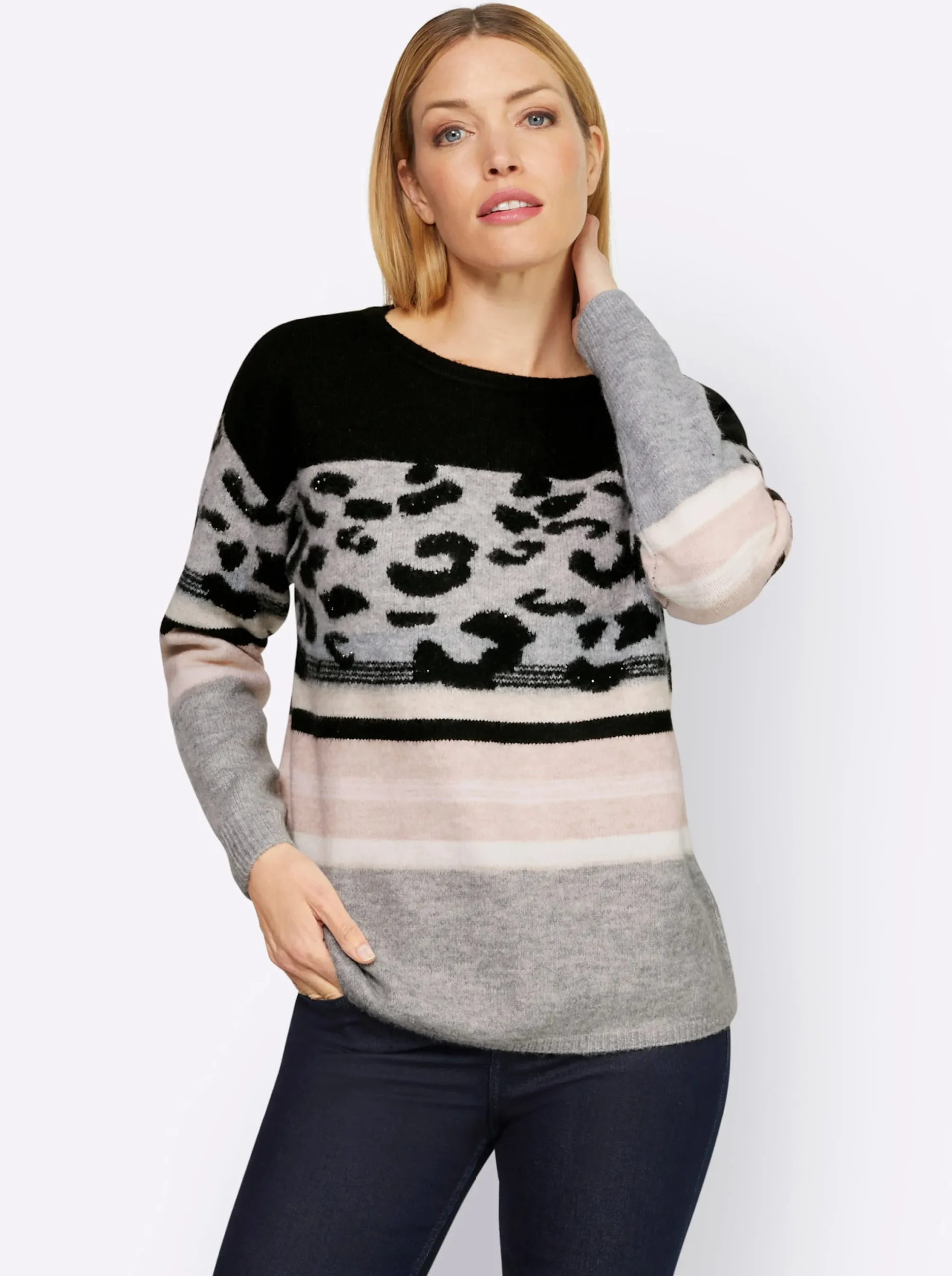 Pullover|heine Rundhalspullover im Muster-Mix schwarz-ecru-gemustert