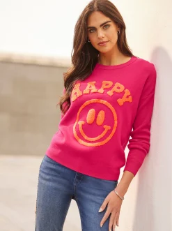 Pullover|heine Rundhalspullover in Feinstrick-Qualität, mit Smiley-Schriftzug pink