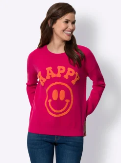 Pullover|heine Rundhalspullover in Feinstrick-Qualität, mit Smiley-Schriftzug pink