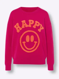 Pullover|heine Rundhalspullover in Feinstrick-Qualität, mit Smiley-Schriftzug pink