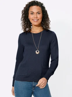 Pullover| Rundhalspullover mit aufgesetzten Taschen marine