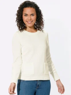 Pullover| Rundhalspullover mit aufgesetzten Taschen wollweiß